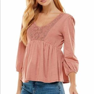 Derek Heart Pink Crochet Babydoll Top